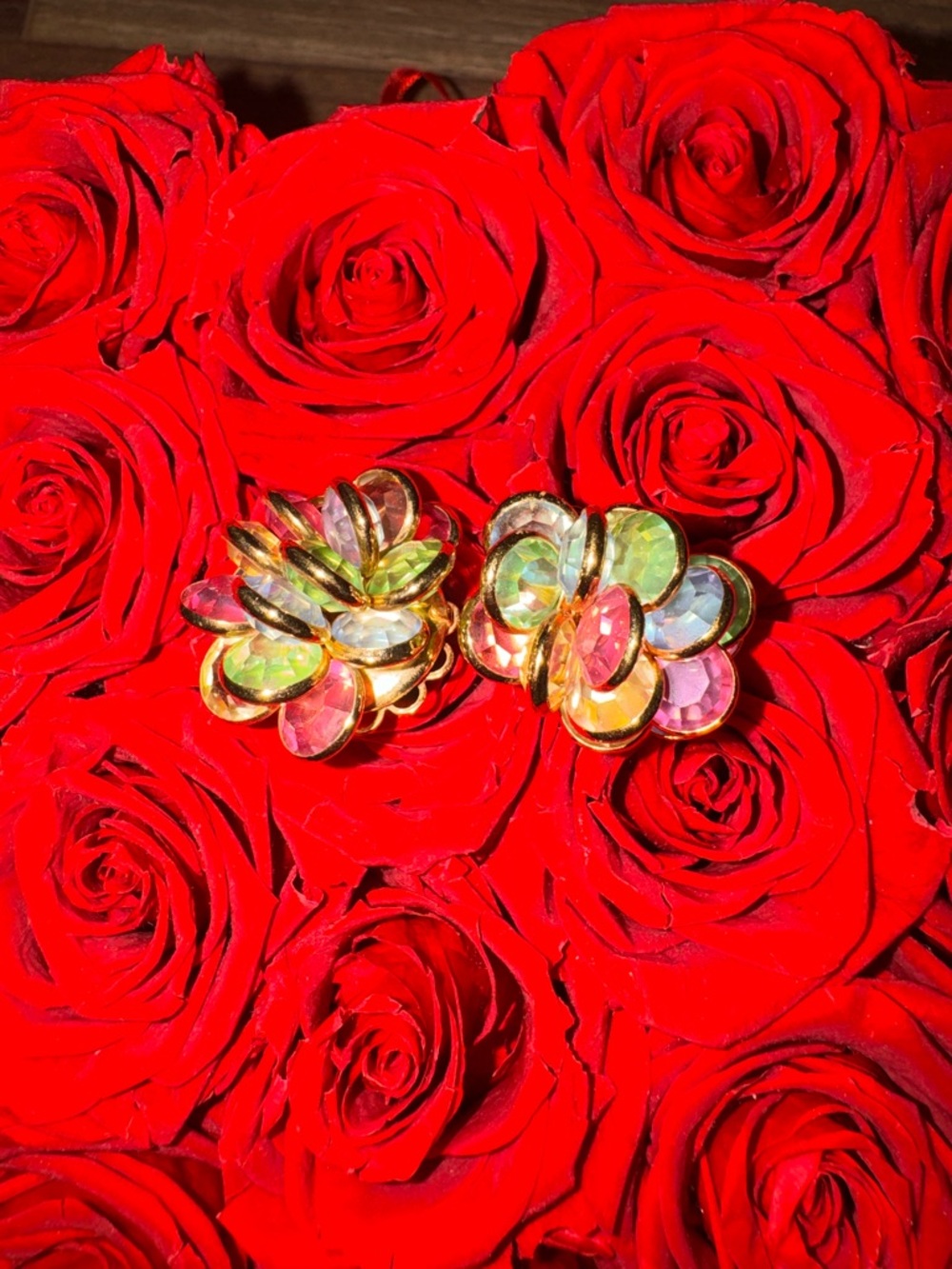 Vintage Retro Iridescent Floral Statement Earrings Pastel Jewel Tones Posts